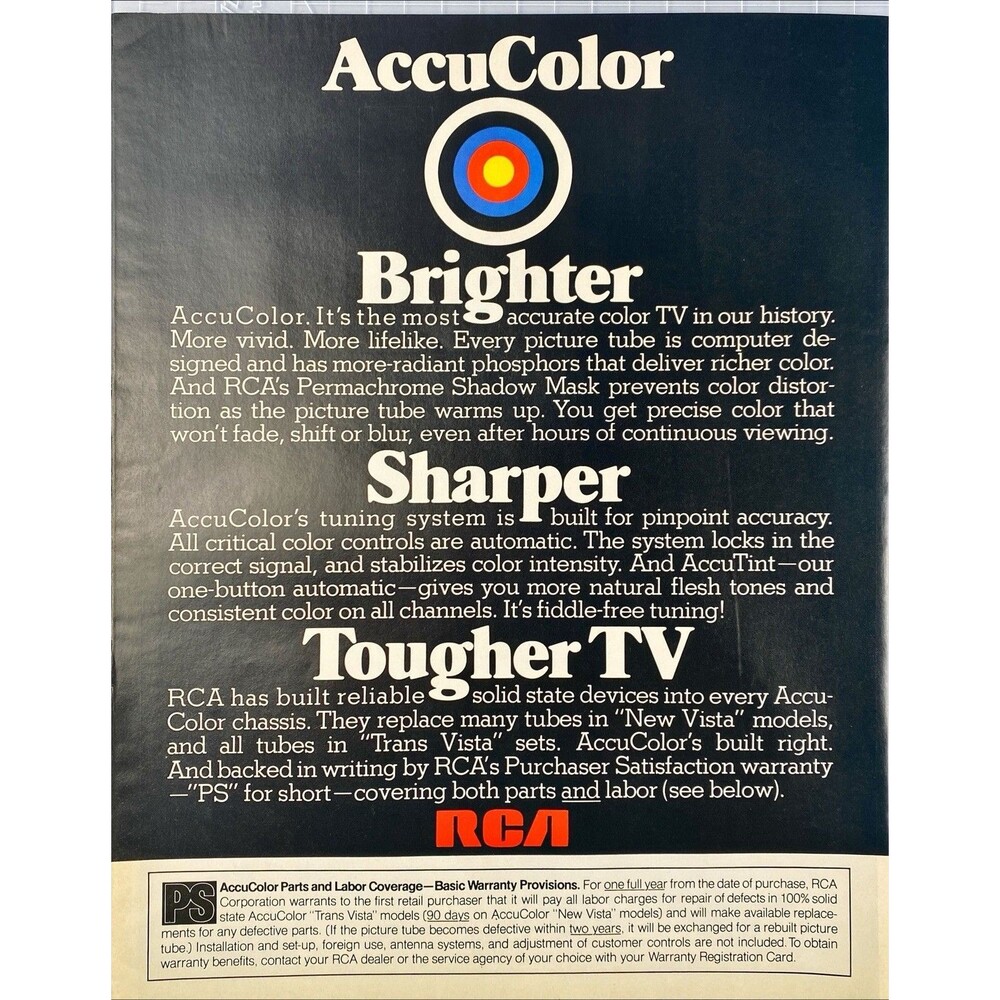 RCA AccuColor Television "Brighter Sharper Tougher" Vintage Print Ad 1971